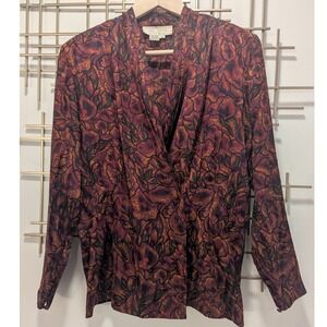VTG 90's 100% Silk Floral Wrap Blouse Burgundy Gold Black Long Sleeve Size 10